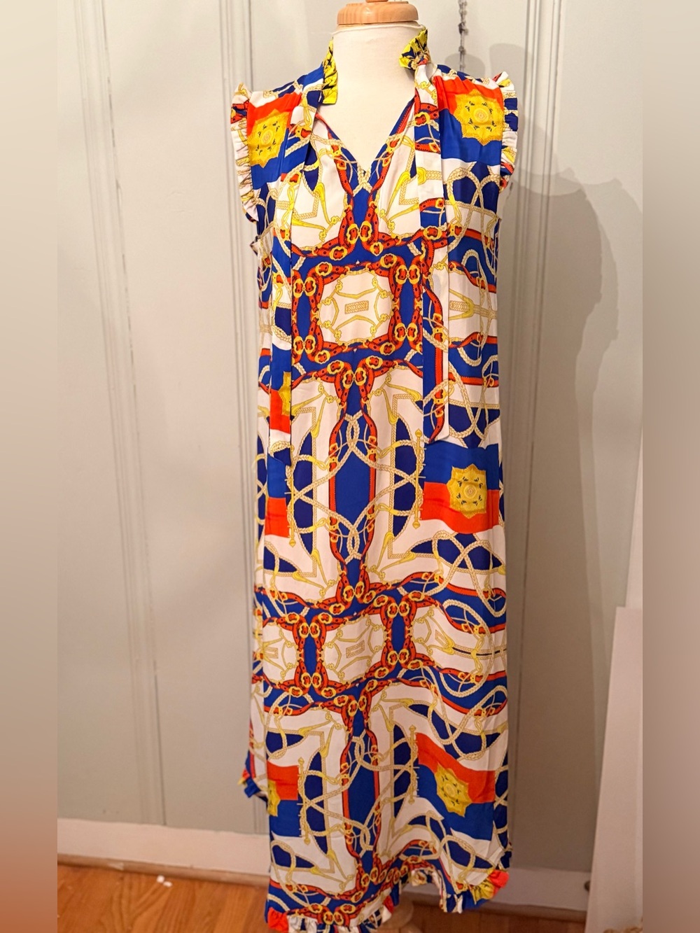 Tyler Boe Blue, White & Orange Chain-Print Sleeveless Maxi Dress